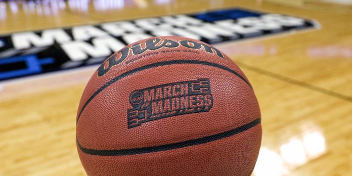Basketball with a march madness logo on it