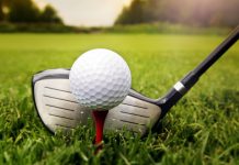 Close up of driver behind a golf ball