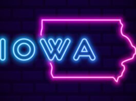 neon sign that says Iowa and has Iowa state border outline