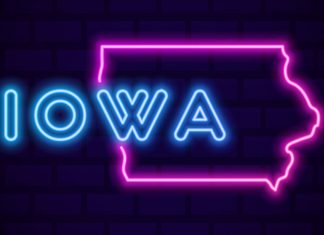 neon sign that says Iowa and has Iowa state border outline