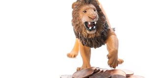 Plastic toy lion and a pile of pennies