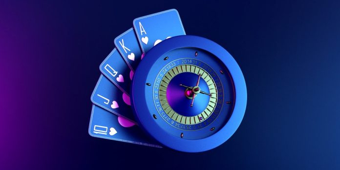 Blue roulette wheel and cards
