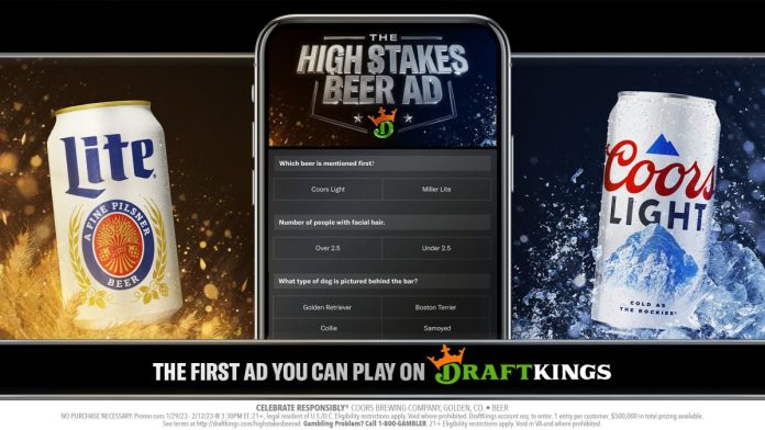 Promotional image of Miller Lite Coors Light High Stakes Beer Ad with DraftKings