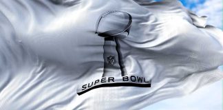 Image of the Super Bowl Lombardi trophy on a white flag