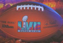 NFL football with Super Bowl LVII logo