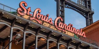 St Louis Cardinals team name on side of stadium