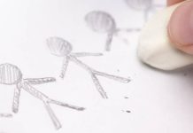 Pencil drawings of stick figures with one being erased