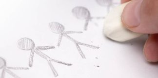 Pencil drawings of stick figures with one being erased