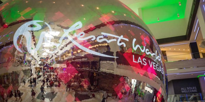 Metallic orb with Resorts World Las Vegas logo on it