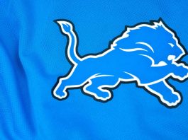 Detroit Lions logo on blue fabric