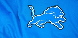 Detroit Lions logo on blue fabric