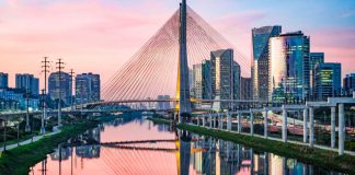 Brazil Sao Paolo bridge and cityscape