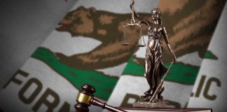 California flag with lady justice statue