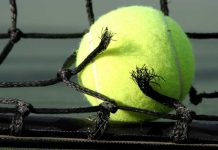 Tennis ball and broken tennis net