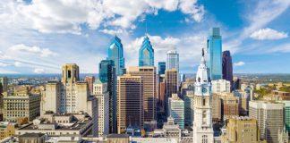 Pennsylvania sports betting revenue tumbles annually Philadelphia skyline