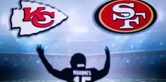 Kansas City Chiefs and San Francisco 49ers logos hover in the air above a silhouette of Patrick Mahomes