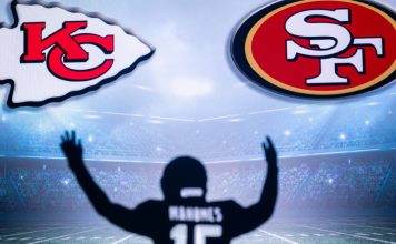 Kansas City Chiefs and San Francisco 49ers logos hover in the air above a silhouette of Patrick Mahomes