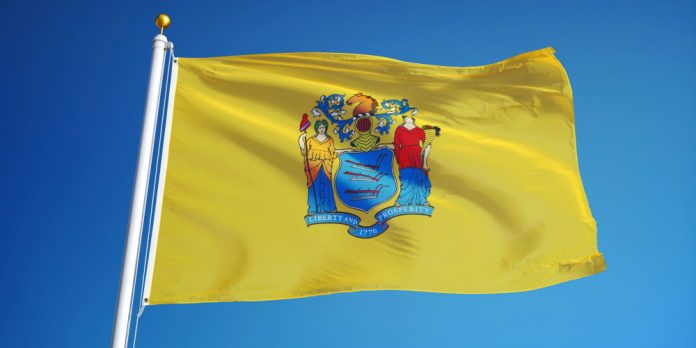 A picture of the New Jersey state flag with a blue background