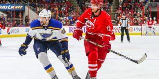 Close up of two ice hockey players