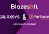 Purple background with blazesoft, Galaxysys and Fortune Coin Casino logos and the words new partnership