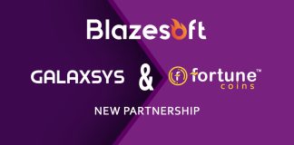 Purple background with blazesoft, Galaxysys and Fortune Coin Casino logos and the words new partnership