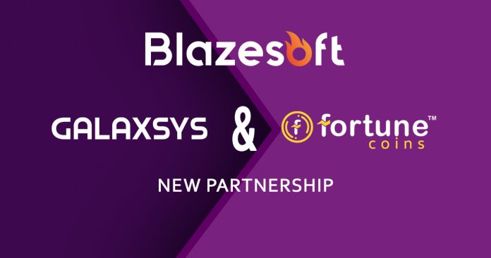 Purple background with blazesoft, Galaxysys and Fortune Coin Casino logos and the words new partnership