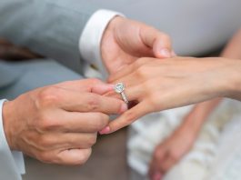 Close up of a man putting an engagement ring on a woman's hand