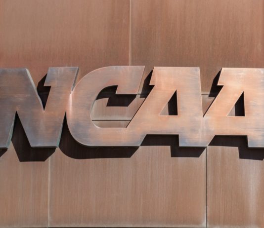 NCAA logo as the organization discusses a prop ban in Indiana.