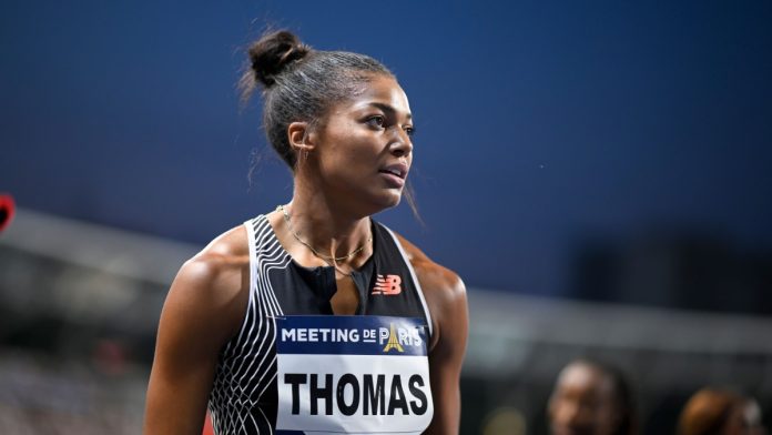 Gabby Thomas finishes a race as she recently faced harassment by a bettor banned by FanDuel.