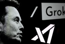A visage of Elon Musk next to the xAI and Grok logos