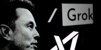 A visage of Elon Musk next to the xAI and Grok logos