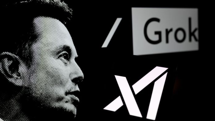 Two-months-after-walking-back-xAI-deal,-Kalshi-announces-it-again A visage of Elon Musk next to the xAI and Grok logos