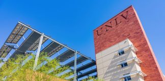 A UNLV sign on a university building