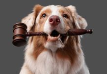 Dog with a gavel in its mouth