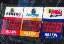A California storefront displaying lottery jackpot totals