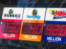 A California storefront displaying lottery jackpot totals