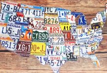 A map of the USA made up of license plates from each state