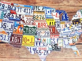 A map of the USA made up of license plates from each state