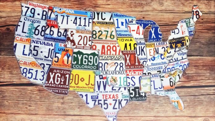 50-Attorneys-General-Urge-DOJ-To-Stamp-Out-Illegal-Gambling A map of the USA made up of license plates from each state
