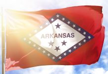 The flag of Arkansas with sunshine in the background
