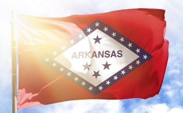 The flag of Arkansas with sunshine in the background