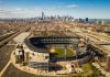 The Chicago White Sox's Rate Field with the Chicago skyline in the background