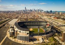 The Chicago White Sox's Rate Field with the Chicago skyline in the background