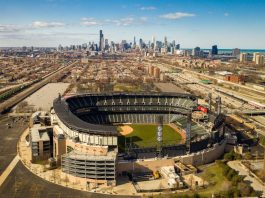 The Chicago White Sox's Rate Field with the Chicago skyline in the background