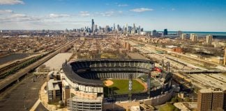 Illinois regulators sent operators instructions to tax customer surchages The Chicago White Sox's Rate Field with the Chicago skyline in the background