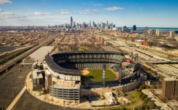 The Chicago White Sox's Rate Field with the Chicago skyline in the background
