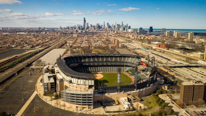 Do-Illinois-Sportsbooks-Have-To-Pay-Tax-On-Their-Surcharges The Chicago White Sox's Rate Field with the Chicago skyline in the background