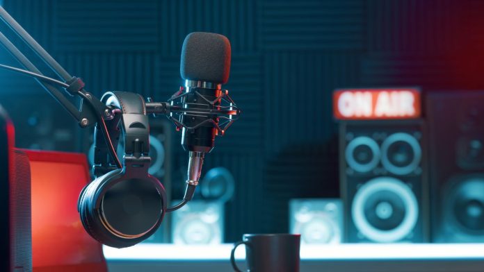 A microphone in a broadcast studio