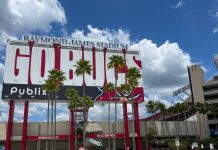 A 'Go Bucs' sign outside Tampa Bay Buccaneers' Raymond James Stadium