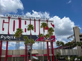 A 'Go Bucs' sign outside Tampa Bay Buccaneers' Raymond James Stadium